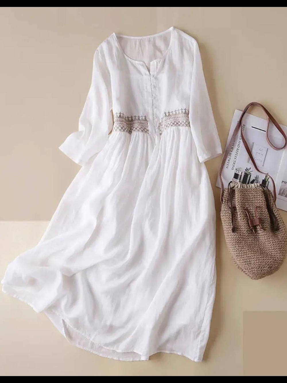 Women's White Embroidered Waist Midi Dress